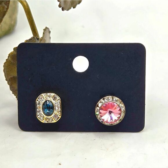 "5/$25" Mismatched Pink/Blue Crystal Bling Stud Earrings - Picture 1 of 9